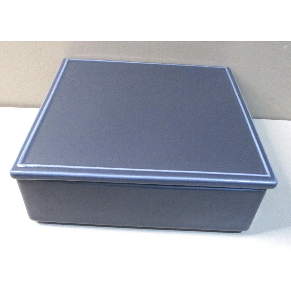 CB2 Slate Blue Gray Ceramic Square Storage Box with Lid White Trim Minimalist8x8